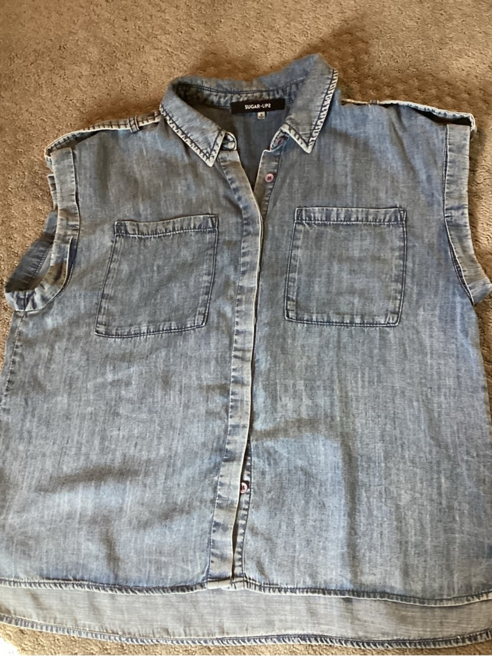 Sugar+Lips Denim Sleeveless Button-Front Top w/pockets, epilates, loose fit,M - Picture 6 of 11